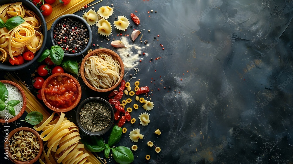 Pasta assortment on dark background Traditional Italian Food concept Top view flat lay : Generative AI