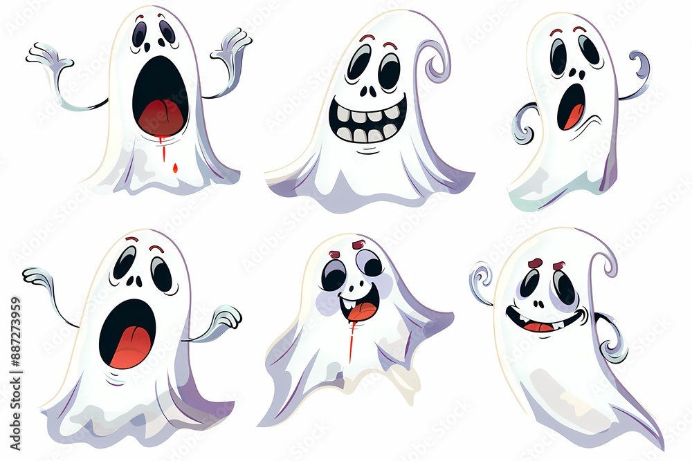 Set of six cartoon ghosts with various facial expressions, perfect for Halloween themes. Set of six cartoon ghosts with various facial expressions, perfect for Halloween themes.