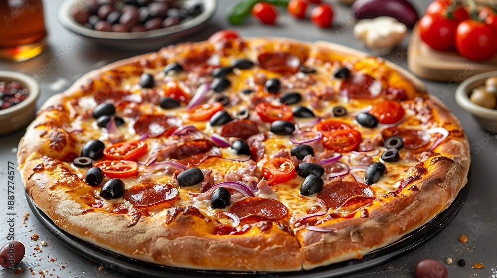 Italian pizza with cheese olives tomato onion pepperoni sausage on a gray table side view : Generative AI Italian pizza with cheese olives tomato onion pepperoni sausage on a gray table side view : Generative AI