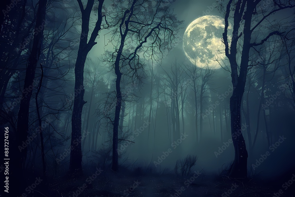 Mysterious forest under a full moon with eerie fog creating a haunting atmosphere. Mysterious forest under a full moon with eerie fog creating a haunting atmosphere.