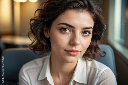 Corporate professional woman relaxing in a quiet office corner, with a close-up on their peaceful face smiling