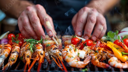 Italian street food grilled seafood fish shrimps calamari and vegetables in male hands : Generative AI