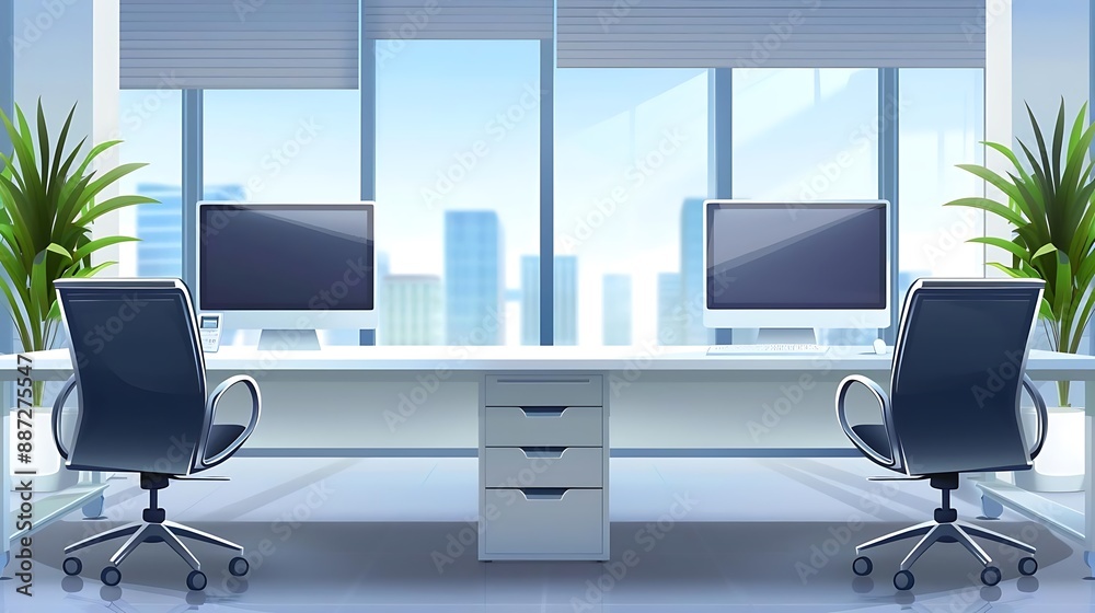 Illustration of Two Desk Spaces in an Office Setting with Windows, Computers, and Plants Illustration of Two Desk Spaces in an Office Setting with Windows, Computers, and Plants