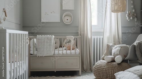 Baby room in scandinavian style Stylish newborn playroom Modern interior with grey walls and wooden accessories Pastel grey monochrome decoration Unisex nursery gender neutral calm col : Generative AI