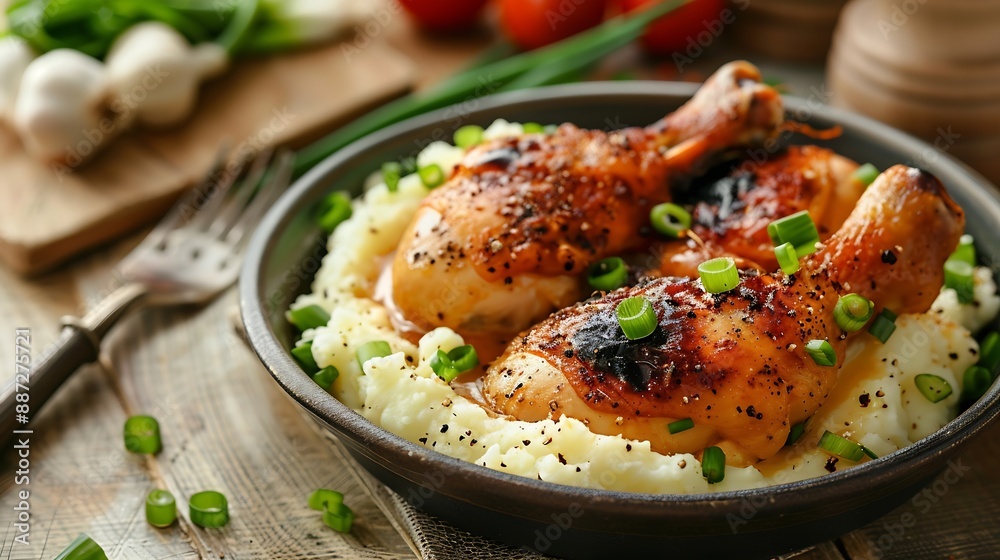Baked chicken legs with mashed potatoes and green onions on a wooden table cutlery nearby Closeup : Generative AI Baked chicken legs with mashed potatoes and green onions on a wooden table cutlery nearby Closeup : Generative AI