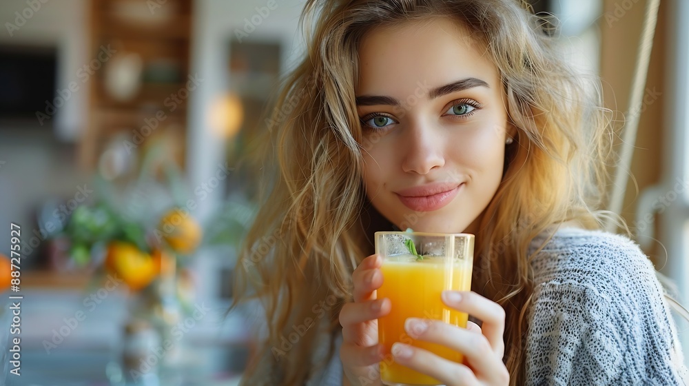young pretty woman cooking at home morning kitchen healthy food drinking orange juice : Generative AI