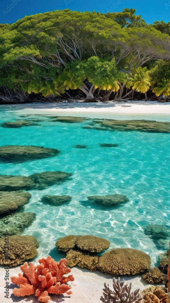 Obraz premium corals and starfishs on the beach of a tropical island