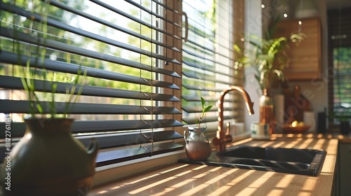 Wooden blinds black color closeup on the window Bamboo slats 50mm wide Venetian wood blinds in the kitchen Black tapes Sink with copper faucet near the window Round vase is on the wind : Generative AI photo