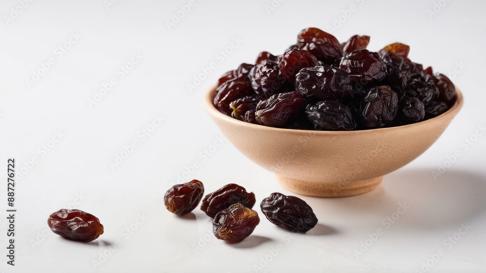 arafies in a bowl on a white surface with a few raisins arafies in a bowl on a white surface with a few raisins