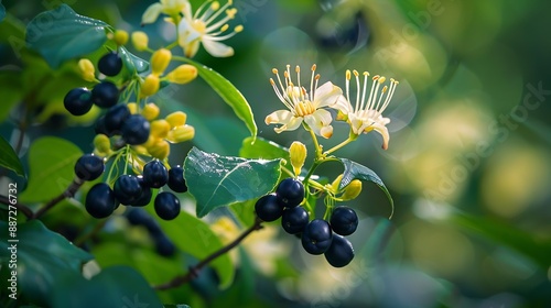 Japanese honeysuckle lonicera japonica with black berries in fall and winter season  An invasive climbing vine plant with fragrant white and yellow flowers in summer : Generative AI photo