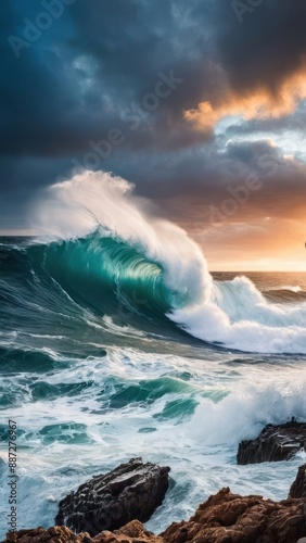 surfers are riding the waves on the rocky shore at sunset