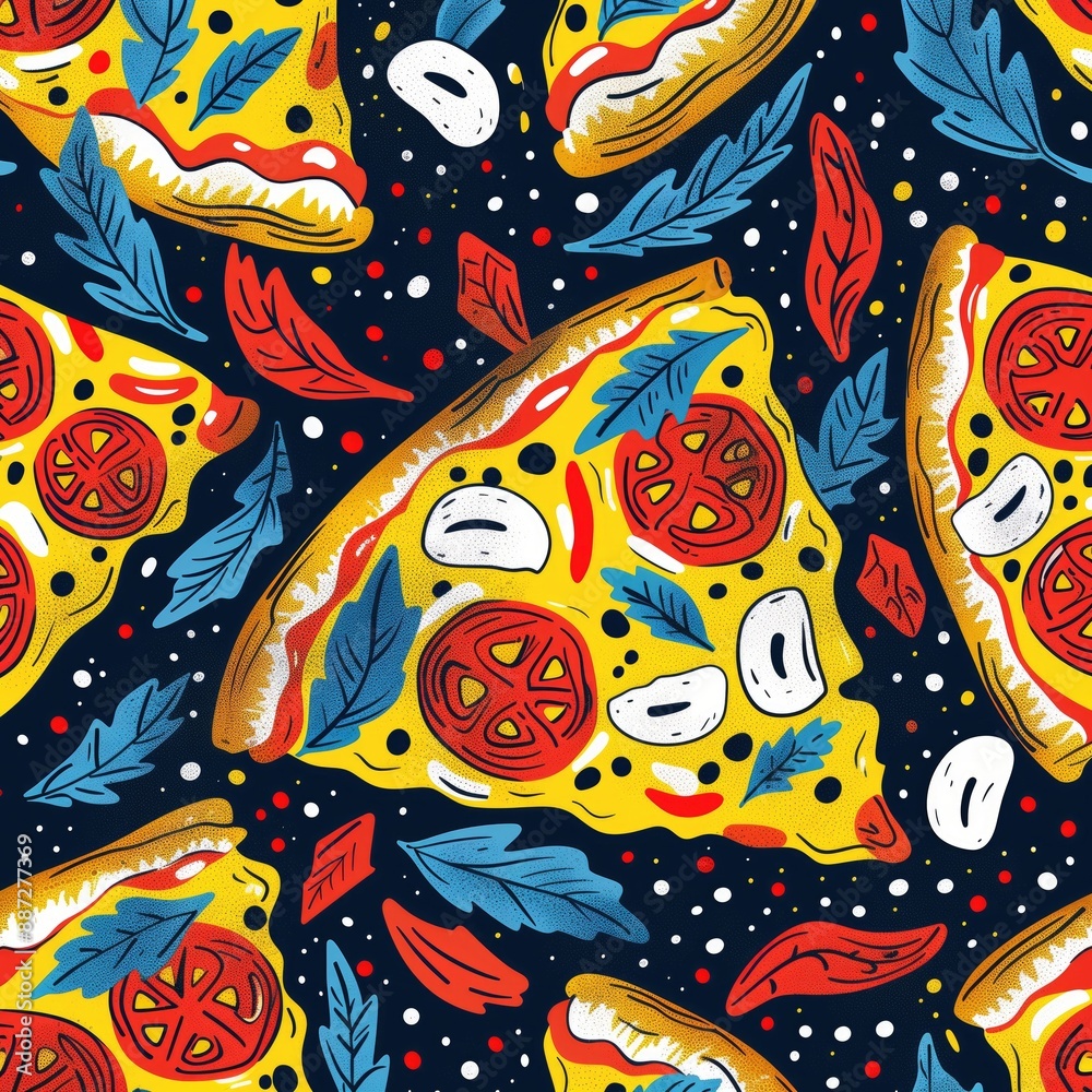 Naklejka premium Pizza Pattern Design, Restaurant Menu Artwork, Food Illustration Art Wallpaper Concept, Pizzeria Fabric Textile, Culinary Abstract Background, Cheesy Colorful Cartoon Backdrop Drawing