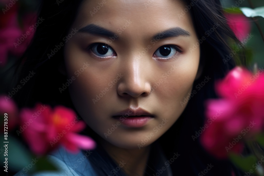 Pensive asian woman surrounded by pink flowers