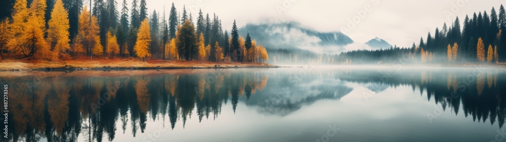 Serene autumn landscape with colorful trees reflected in a calm lake Serene autumn landscape with colorful trees reflected in a calm lake