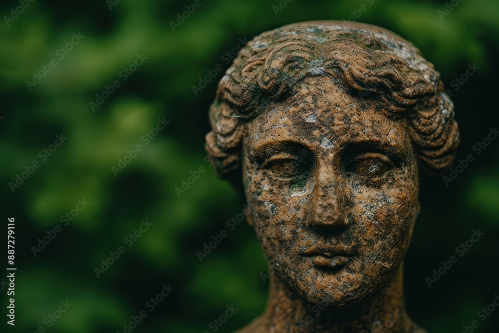 Obraz premium Weathered stone statue in lush green foliage