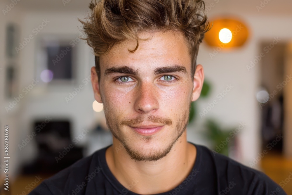 Obraz premium Handsome young man with curly hair and green eyes
