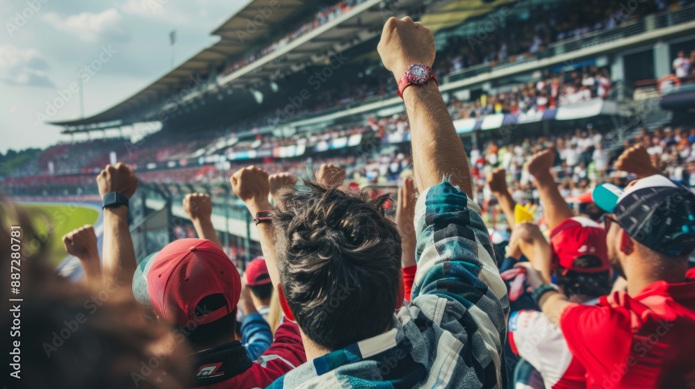 Fototapeta premium Fans raise their arms in the air, cheering on their favorite racer at the grand prix