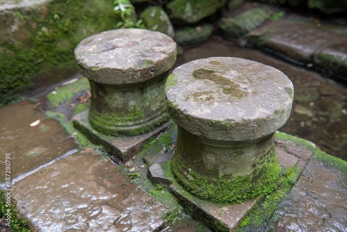 Mossy stone pillars in a serene garden