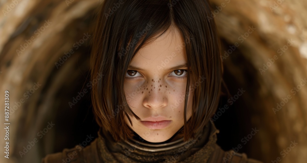 Fototapeta premium portrait of a serious young girl with dark hair and freckles