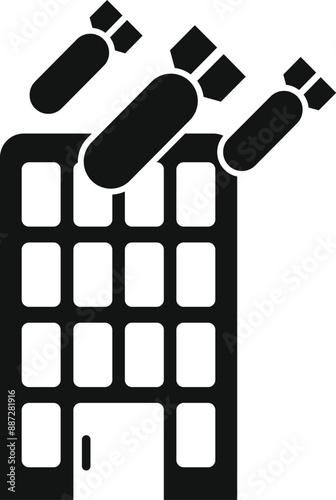 Black and white icon of a building being bombed, representing war and conflict