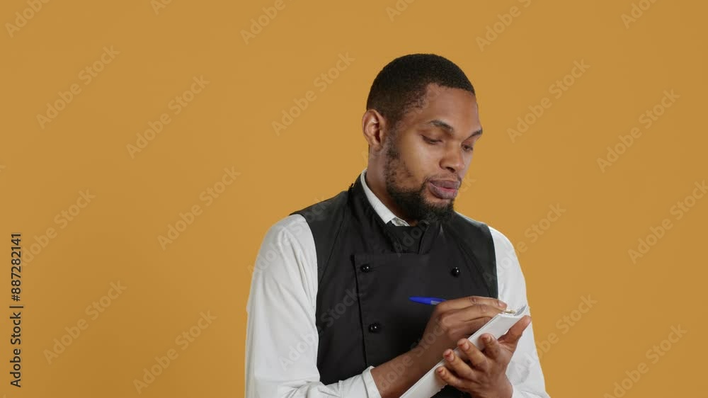 Professional caterer writing clients orders on notepad for the bill, takes notes of desired food against yellow background. Waiter with apron, notebook service for customer satisfaction. Camera A. Professional caterer writing clients orders on notepad for the bill, takes notes of desired food against yellow background. Waiter with apron, notebook service for customer satisfaction. Camera A.