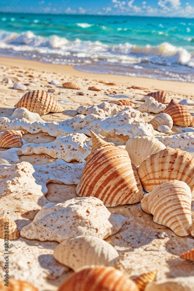 A closeup of various seashells scattered on a sandy beach, with the ocean out of focus in the background. A closeup of various seashells scattered on a sandy beach, with the ocean out of focus in the background.