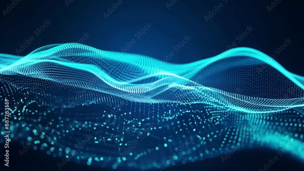 A digital rendering of a blue wave of particles on a dark background.
