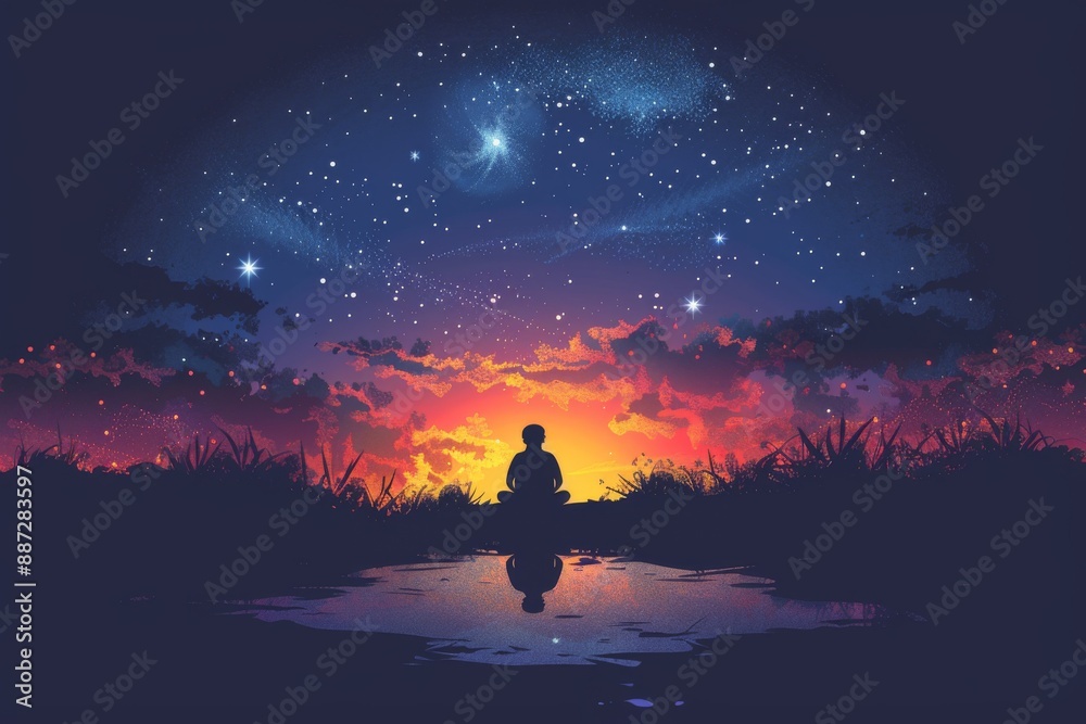 Naklejka premium Person Watching Starry Night Sky in Peaceful Wilderness