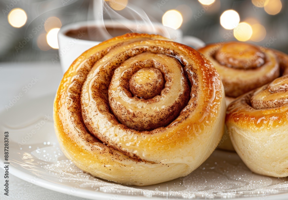 Fototapeta premium Freshly baked cinnamon roll with steam