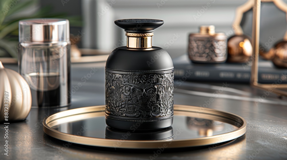 Elegant perfume bottle with intricate design on a gold-rimmed tray, perfect for luxury and sophistication in fragrance display. Elegant perfume bottle with intricate design on a gold-rimmed tray, perfect for luxury and sophistication in fragrance display.