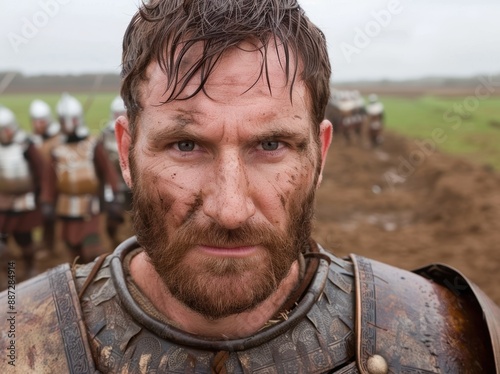 Rugged warrior with intense gaze