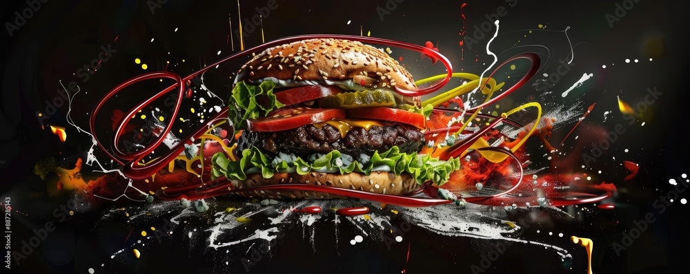 Artistic explosion-themed close-up of a delicious gourmet burger with vibrant ingredients and a dramatic, dark background. Artistic explosion-themed close-up of a delicious gourmet burger with vibrant ingredients and a dramatic, dark background.