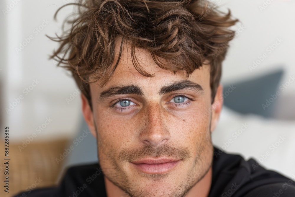 Fototapeta premium Handsome young man with tousled hair and piercing blue eyes