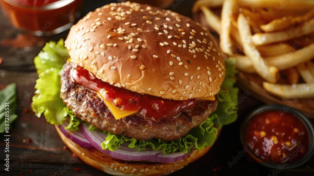 Juicy cheeseburger with fresh lettuce, tomato, onion, and ketchup served with crispy fries and dipping sauces on a wooden table.