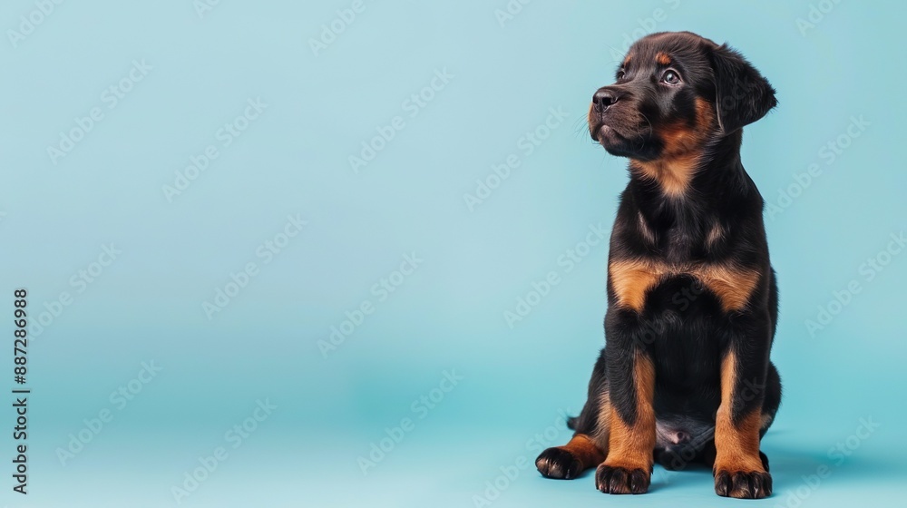 A cute Rottweiler puppy sitting on a solid pastel blue background with space above for text A cute Rottweiler puppy sitting on a solid pastel blue background with space above for text