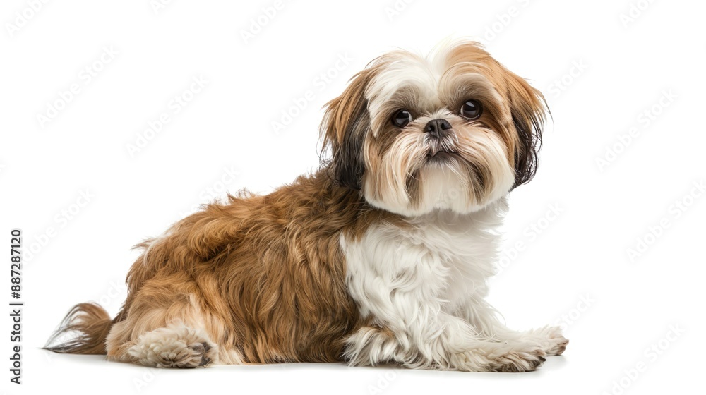 A Shih Tzu sitting and wagging its tail, isolated on a white background A Shih Tzu sitting and wagging its tail, isolated on a white background