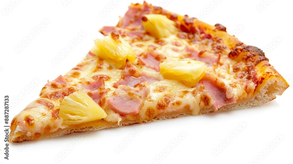 A slice of Hawaiian pizza with pineapple and ham, isolated on a white background. A slice of Hawaiian pizza with pineapple and ham, isolated on a white background.