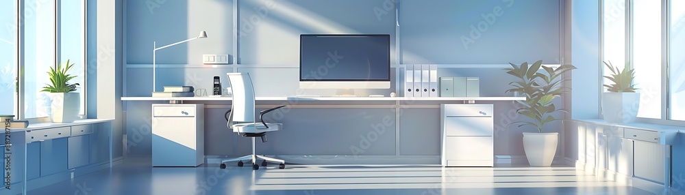 Modern White Office Interior with Large Window, Desk, and Plant - Illustration