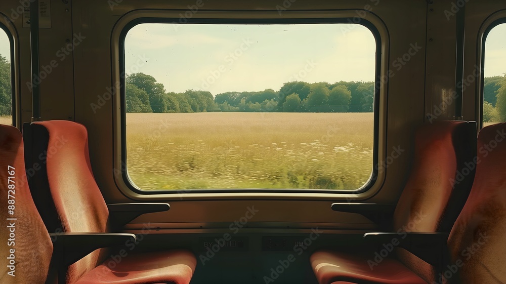  inside the train, showing a window with a summer field behind it