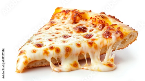 A slice of cheese pizza with melted cheese, isolated on a white background.