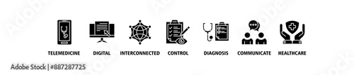 Digital health banner web icon set vector illustration concept for technology in medical healthcare with icon of e-health, telemedicine, interconnected, smartwatch, diagnosis, email, and medical app