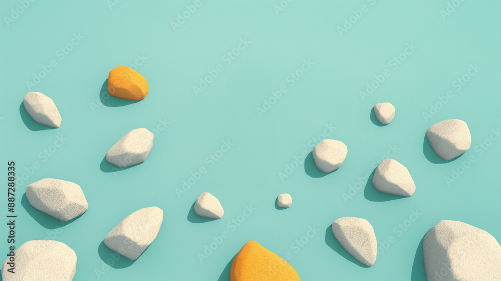 White and orange stones on a light blue surface. White and orange stones on a light blue surface.