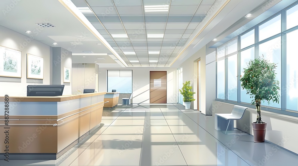 Office Illustration with Reception Desk, Plants, and Sunlight Office Illustration with Reception Desk, Plants, and Sunlight