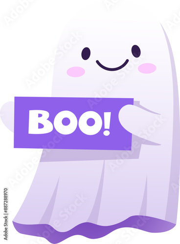 Halloween kawaii ghost character holding boo banner. Isolated cartoon vector adorable baby spook with rosy cheeks, wide smile and a playful expression radiating a charming, cute and friendly aura