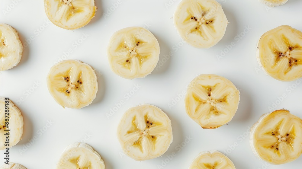 Healthy snack Top view of delicious banana slices on white backdrop with text space Healthy snack Top view of delicious banana slices on white backdrop with text space