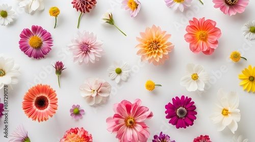 Flat lay of fresh flowers on white background. 