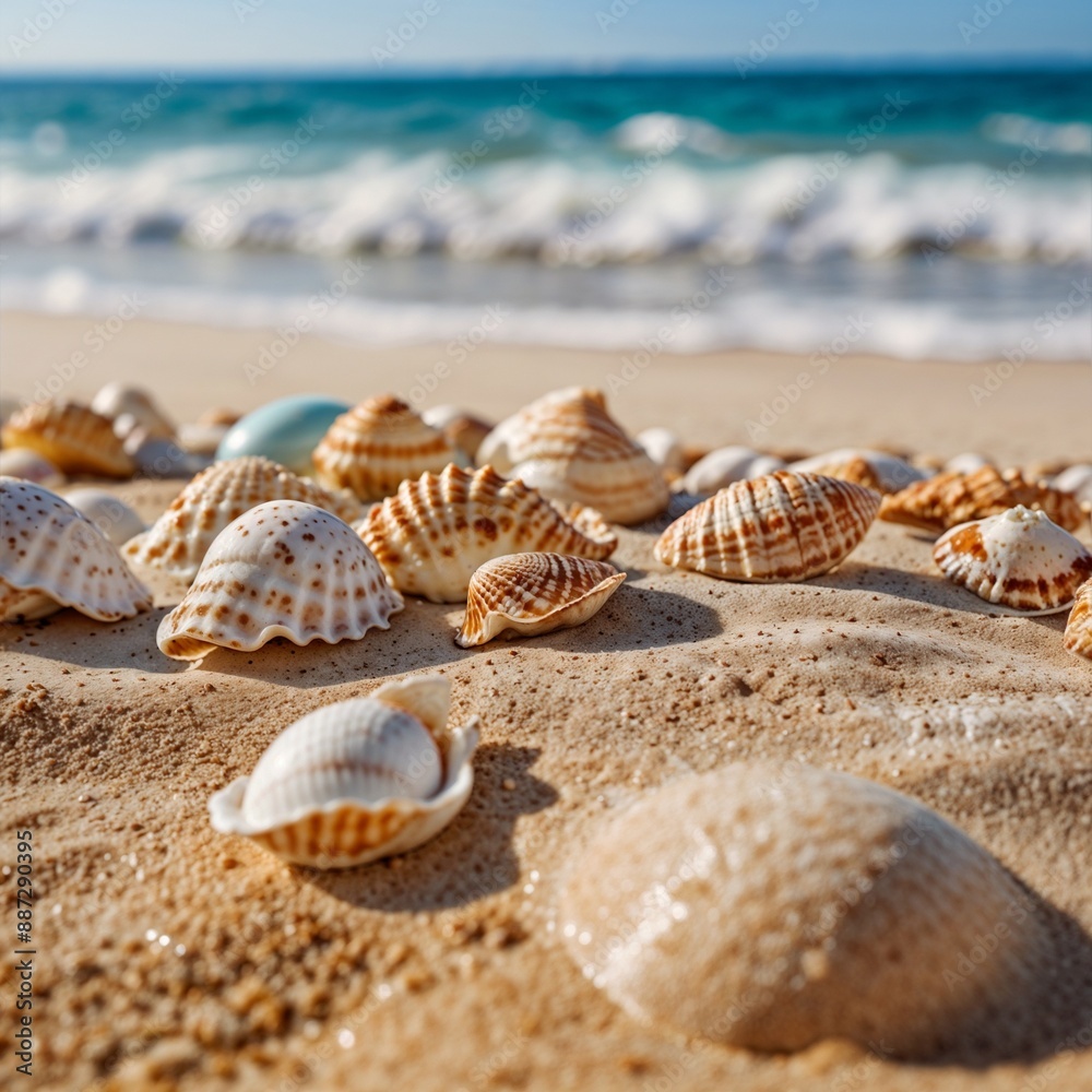 A closeup of various seashells scattered on a sandy beach, with the ocean out of focus in the background. A closeup of various seashells scattered on a sandy beach, with the ocean out of focus in the background.