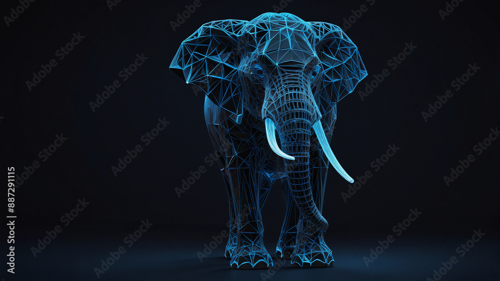 Neon Illuminated Elephant: A conceptual 3D artwork featuring a elephant composed of intricate wireframe patterns, illuminated by a neon blue glow, creating a visually striking and modern masterpiece.