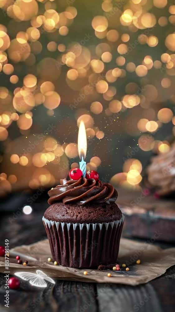 chocolate cupcake with burning candle and blurred lights background seamless looping overlay 4k virtual video animation background chocolate cupcake with burning candle and blurred lights background seamless looping overlay 4k virtual video animation background