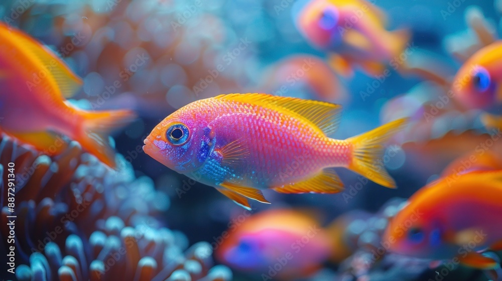 Glowing Fish in Fluorescent Tank Water: Close-Up Glowing Fish in Fluorescent Tank Water: Close-Up